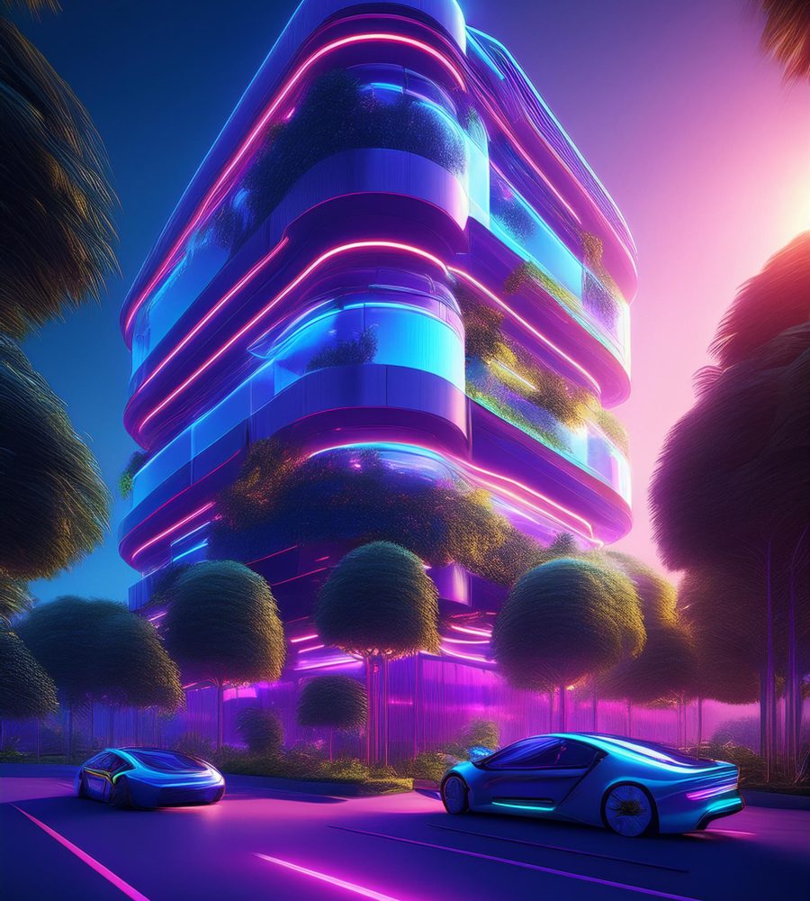 Big building surrounded by plants and trees and electric cars